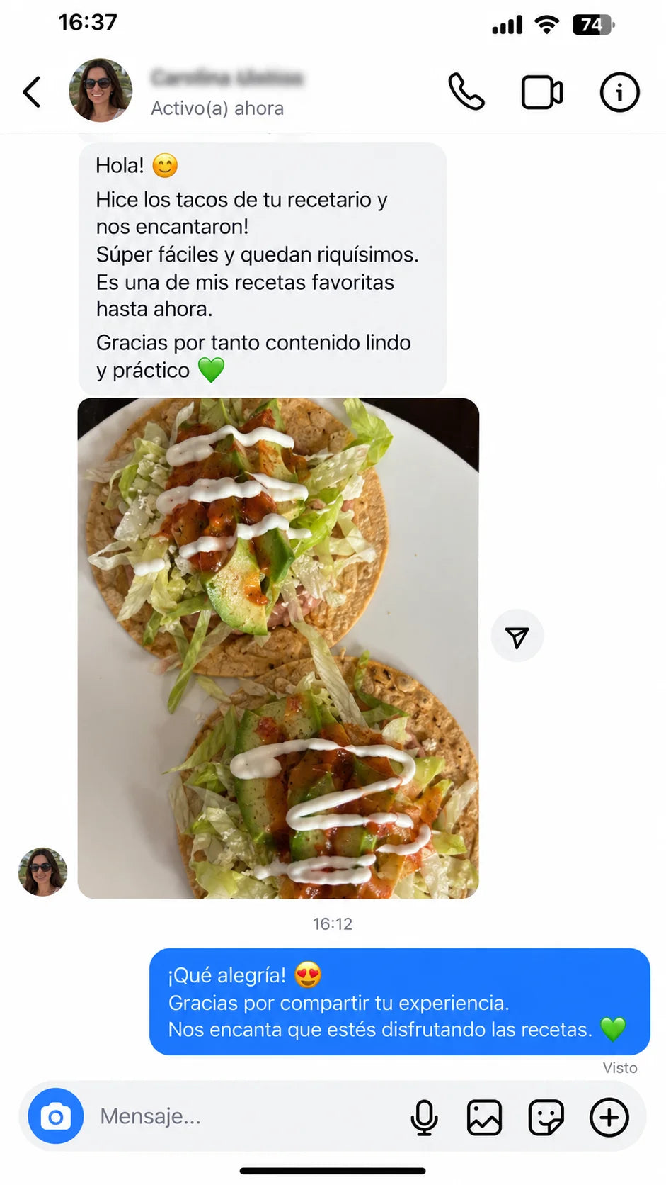 captura real de WhatsApp: Carolina cuenta que los tacos le encantaron