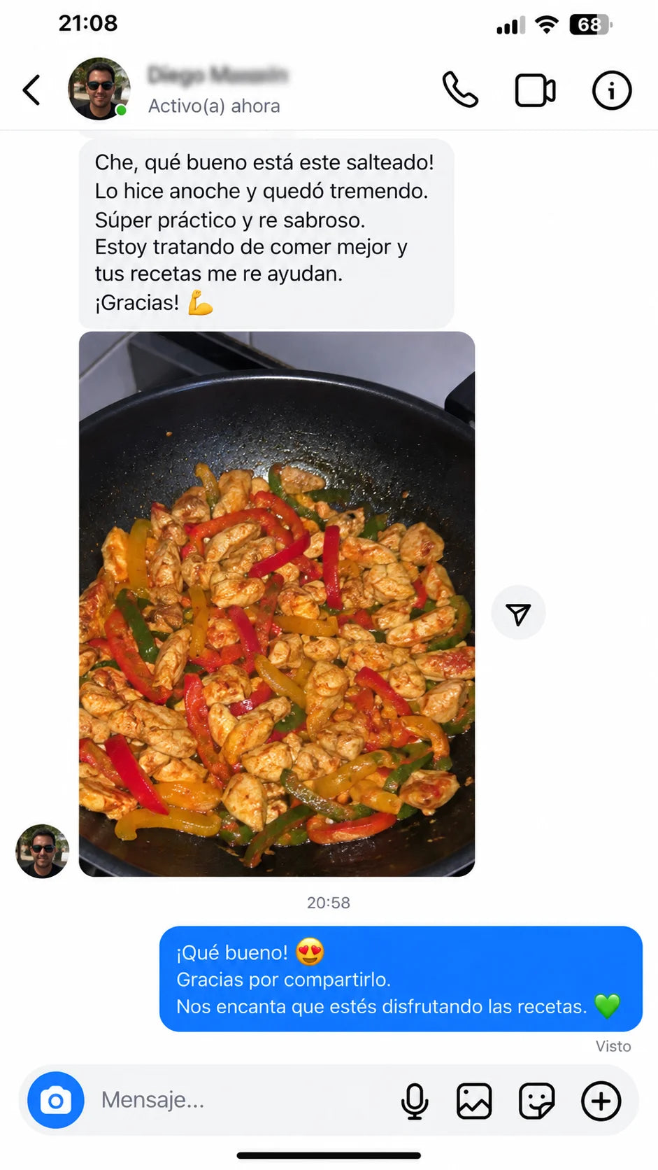 captura real de WhatsApp: Diego cuenta que el salteado de pollo le quedó tremendo