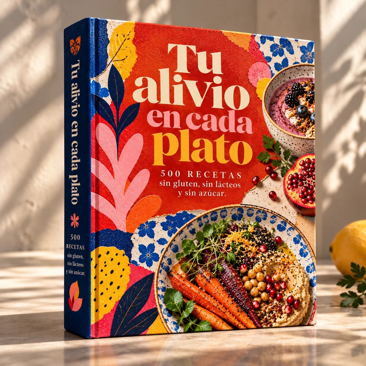 Mockup del libro Tu Alivio En Cada Plato, 500 recetas sin azúcar refinada, sin gluten y sin lácteos