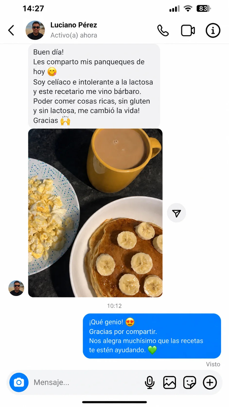 captura real de WhatsApp: Luciano cuenta que es celíaco e intolerante a la lactosa y que el recetario le vino bárbaro