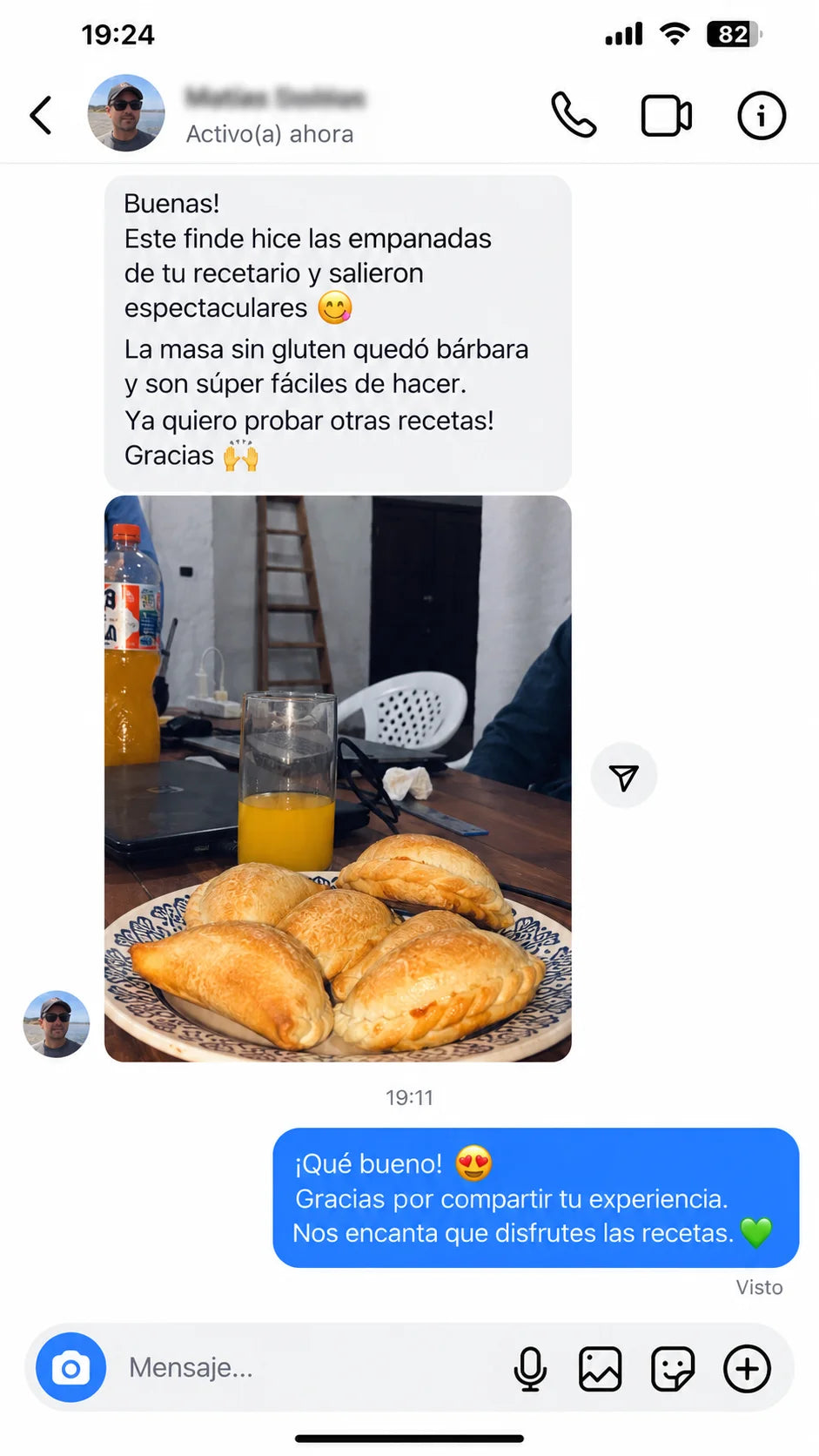 captura real de WhatsApp: Matías cuenta que las empanadas sin gluten le salieron espectaculares